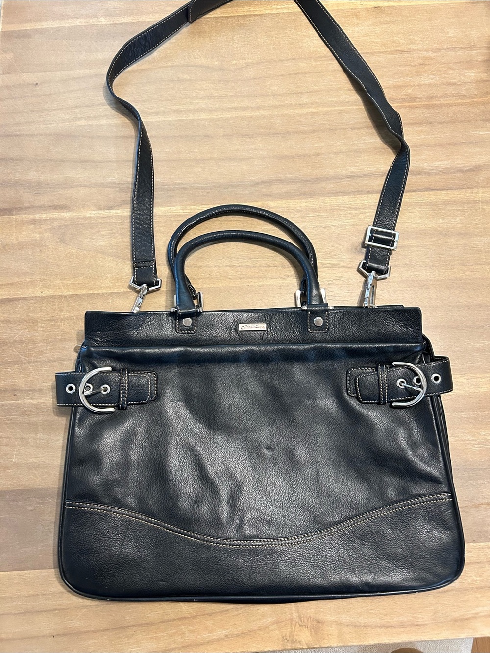 Black Leather Purse Bag Franklin Covey Briefcase Work Tote Shoulder Bag Business - Picture 2 of 16